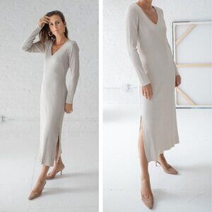 NEW AYR The Babe Dress Champagne Ribbed Knit Maxi Bodycon V-Neck Academia